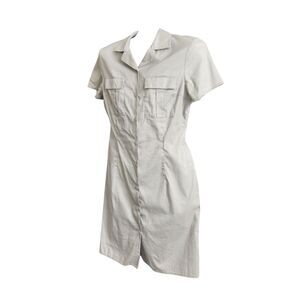 Lola Beige Tailored Shirt Dress 38-Full Button-Chest Pockets-Utility-1940s Vibe